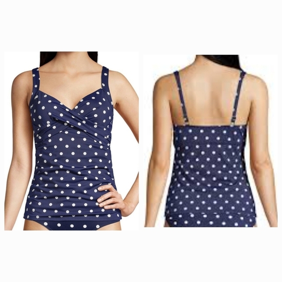 Lands' End Deep Sea Polka Dot V-Neck Wrap Underwire Tankini Swim Top Sz 12 NEW‎ - Picture 1 of 14
